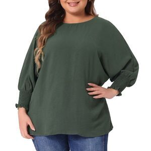 Plus Size Chiffon Tops Batwing Ruffle Elbow Sleeve Loose Shirts Army Green